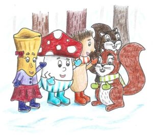 Bild aus dem Weihnachtsheft 2025 zu Tobi, der fliegende Pilz Zu sehen ist eine liebevolle Zeichnung von Tobi und seinen Freunden